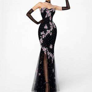 Vintage Black Strapless Floral Beaded Sheer Tulle Maxi Bodycon Prom Dress M